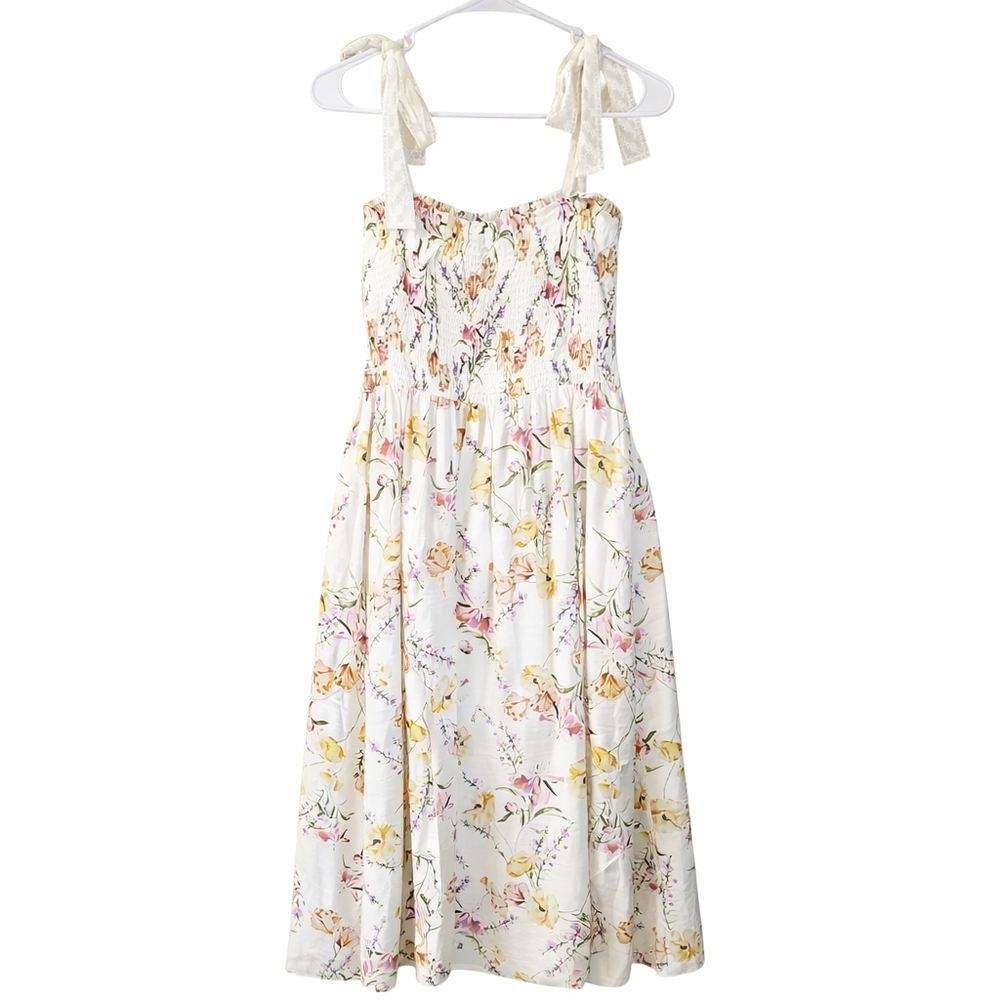 Fanco Floral Smocked Midi Dress Large Cottagecore Tie Shoulder Sundress Romantic - Picture 2 of 11